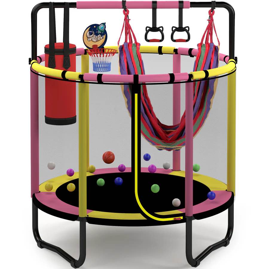 mini round trampoline for kids with basketball hoop  segmart 55   indoor outdoor toddler trampoline with enclosure net  swing  sandbag  ring  ocean balls  small trampoline gift for boys girls  pink 