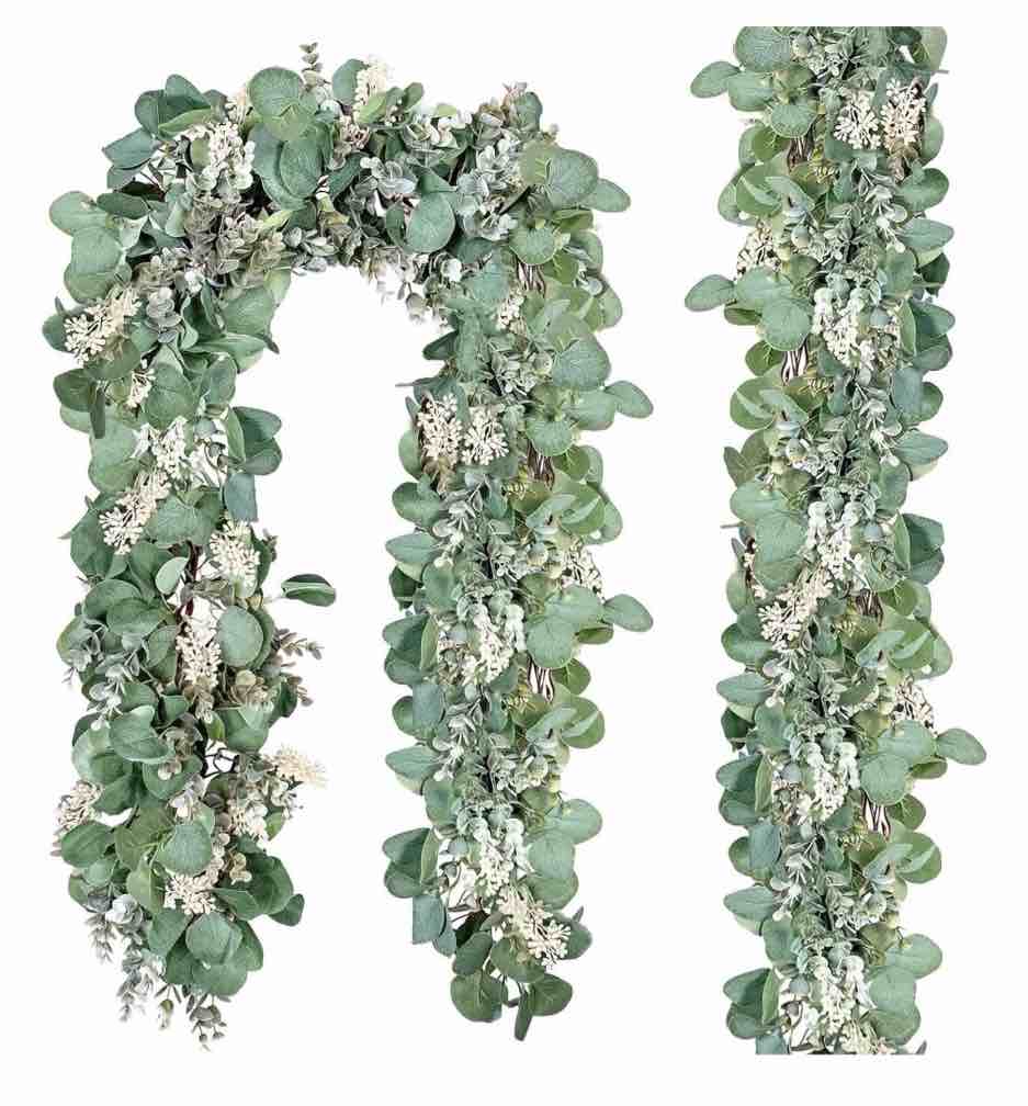 scidweet 2 pack greenery eucalyptus garland, 13 ft silver dollar leaves boxwood with white buds artificial faux greenery vines for baby shower wedding party table runner room home mantle decor