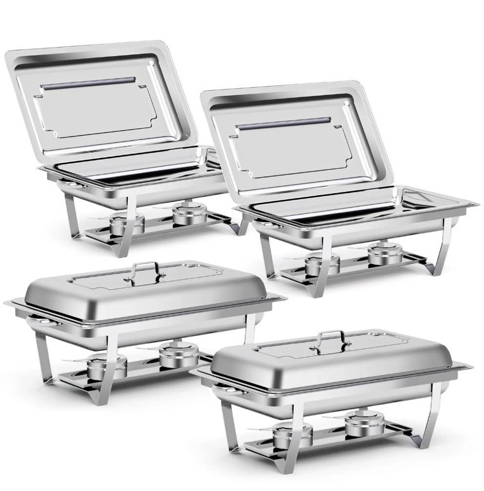 bluebow 4 pack chafing dishes for buffet set  stainless steel catering chafer  serving food warmer with lids  food & water pans & fuel holders