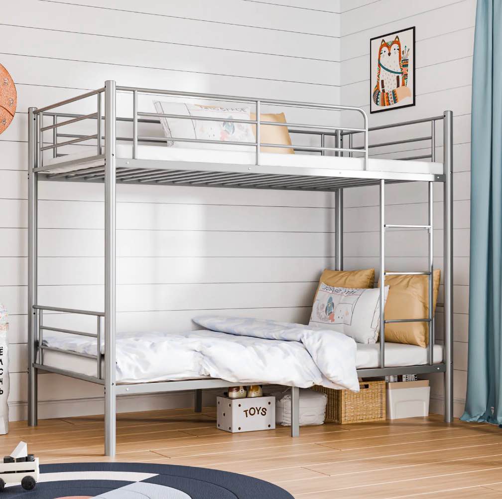 zimtown metal bunk bed twin over twin heavy duty bed frame with safety guard rails & flat ladder for kids teens adults  gray