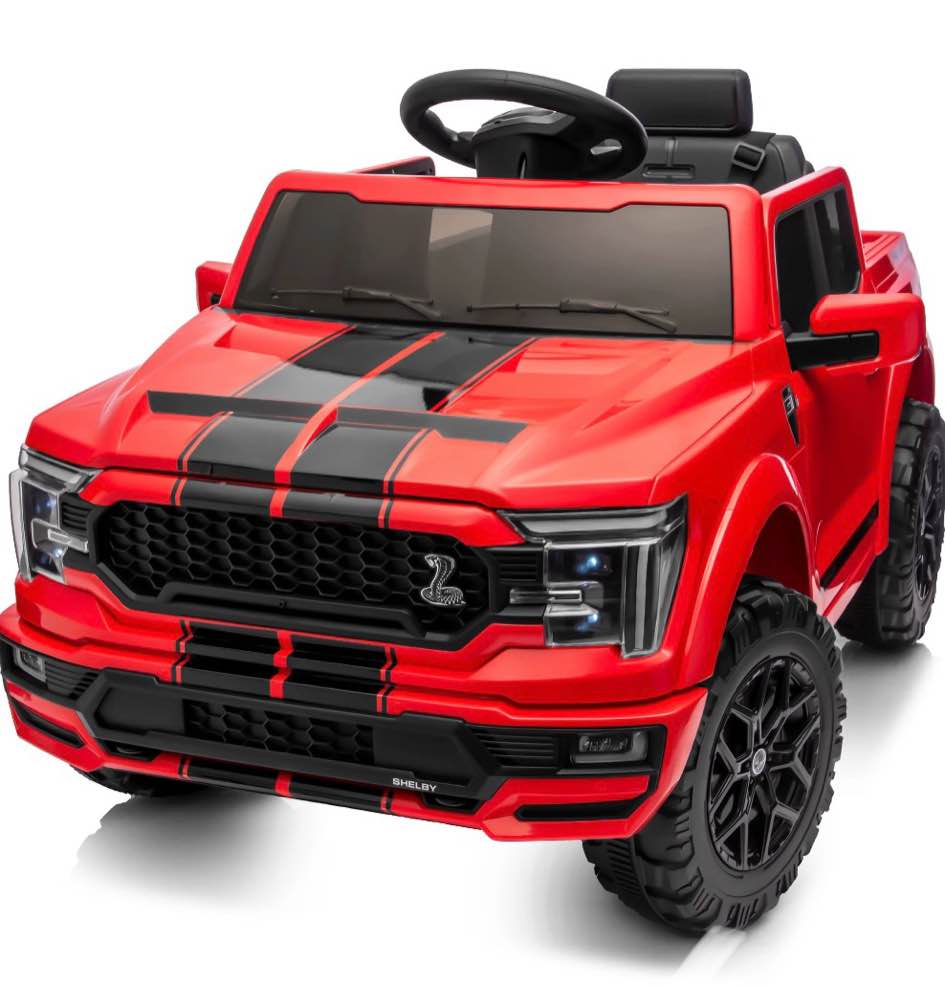 hikiddo electric car for kids, licensed ford-shelby f-150 12v ride on truck toys for toddlers w/ remote, 2-hour drive time - red
