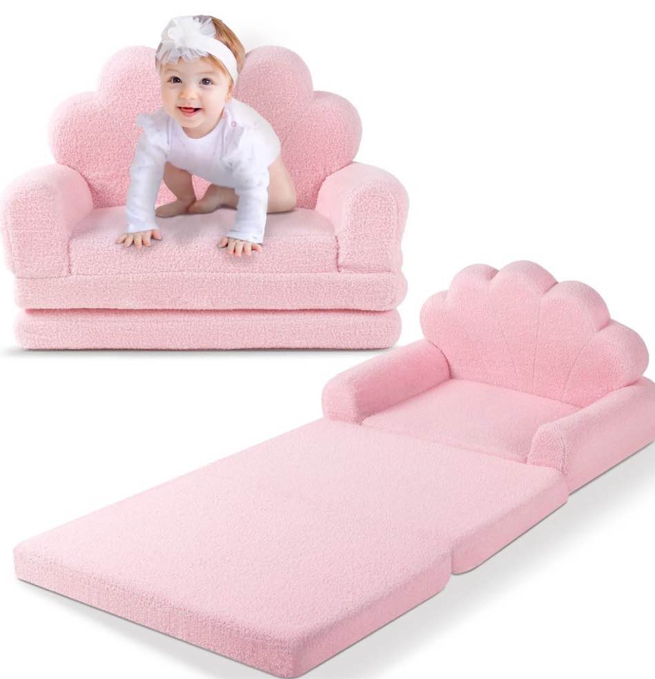 spanspace kids chairs for toddler,flip-out 2-in-1 convertible chair to lounger for girls and boys, teddy fleece fabric, pink