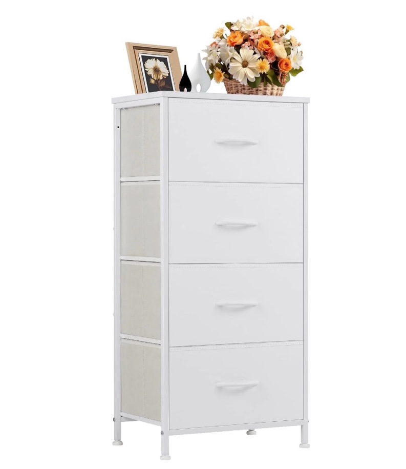 concetta 4 drawer dresser, wide chest drawers nightstand storage tower storage fabric dresser with wood top for living room, bedroom, closet, white