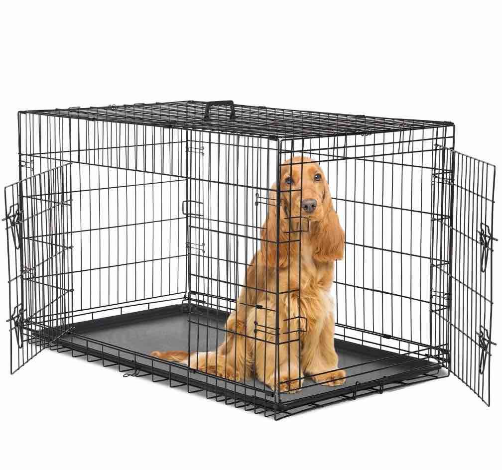 concetta 48 inch double-door folding dog crate, portable small cage with divider, leak-proof tray
