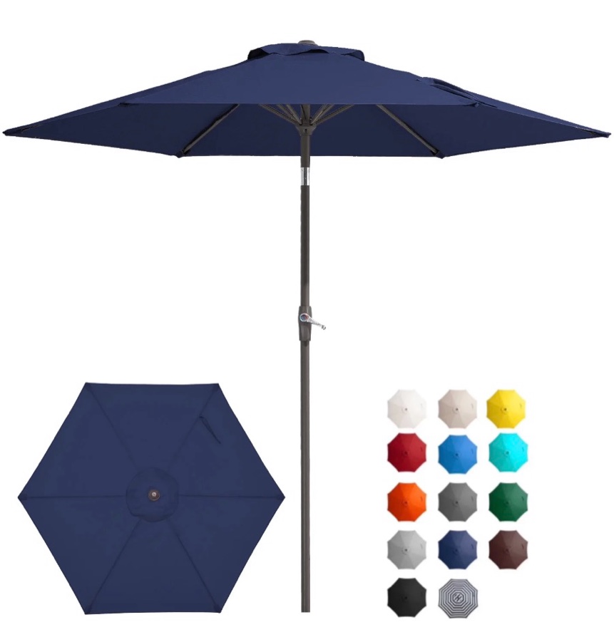 fundaze 7.5' outdoor market patio umbrella with push button tilt & crank lift, uv-resistant canopy for garden, backyard, deck, pool & patio dining, navy blue