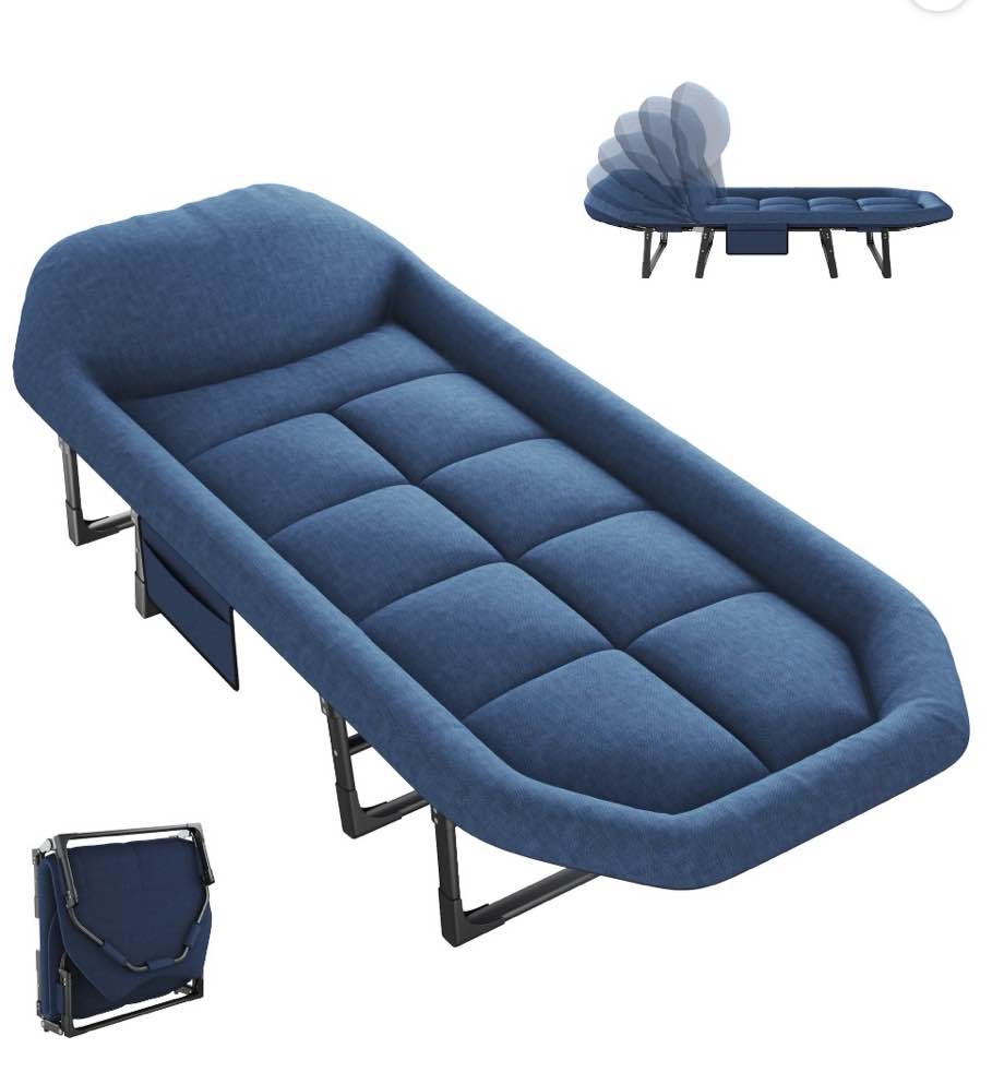 jioabl folding camping cot for adults with headrest & mattress, 71 inch portable sleeping bed for camping, travel, blue