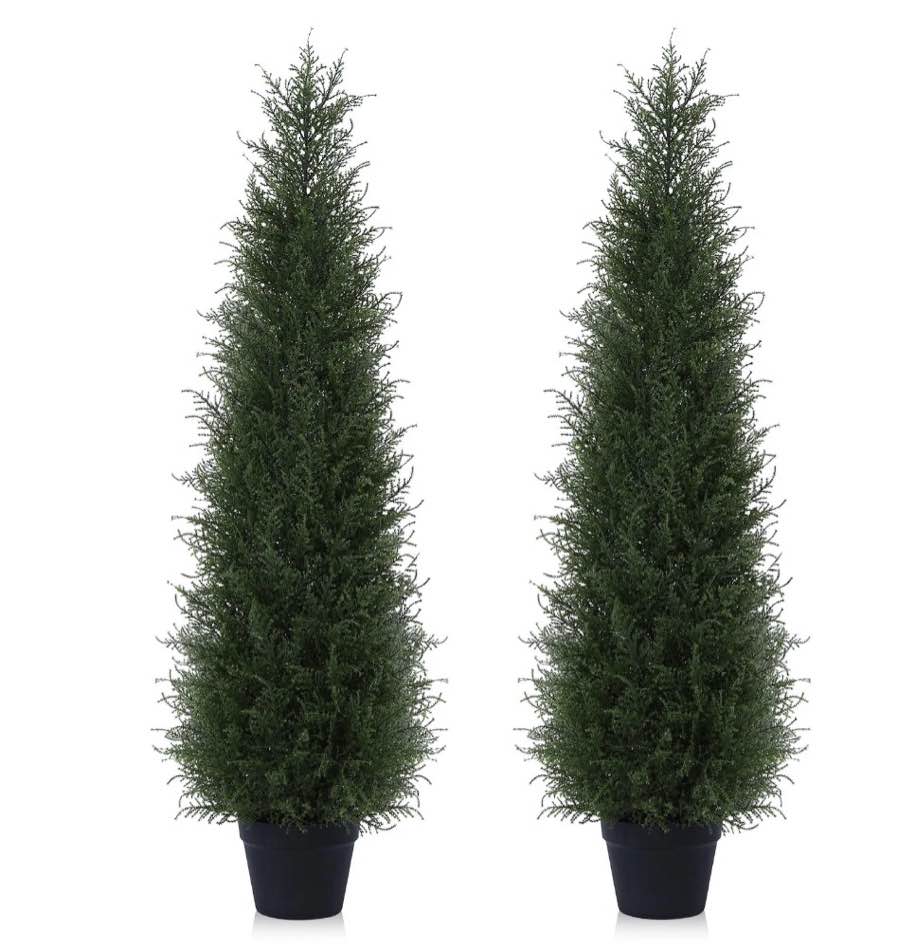 dr.planzen 2-pack 4ft artificial cedar topiary trees, uv-resistant outdoor potted plants for porch & garden decor