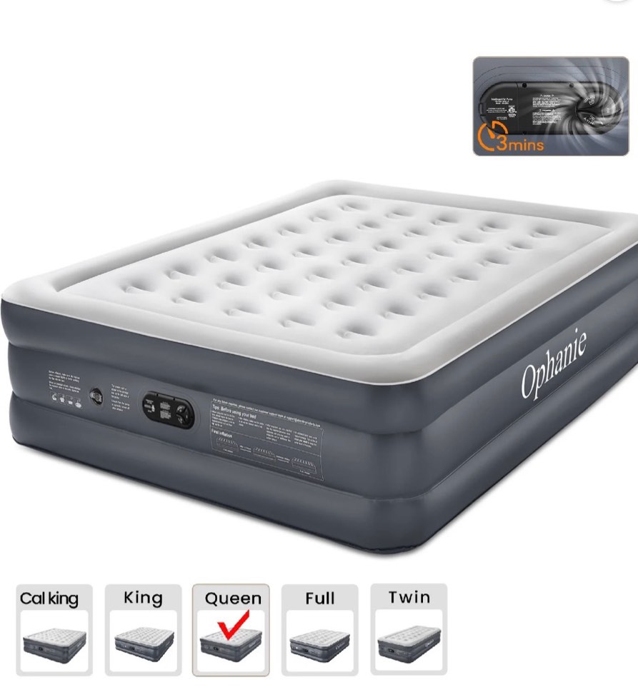 ophanie queen air mattress, 18-inch elevated inflatable bed with built-in pump, puncture-resistant mattresses, quick inflation/deflation, portable for camping & guests, dark gray