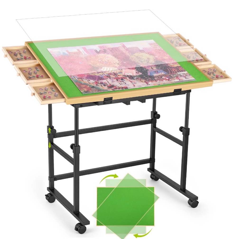 1500 piece jigsaw puzzle table with metal lazy susan, rotating adjustable height puzzle desk with legs for adults, 4-tilting-angle rolling wooden board with 6 drawers & cover