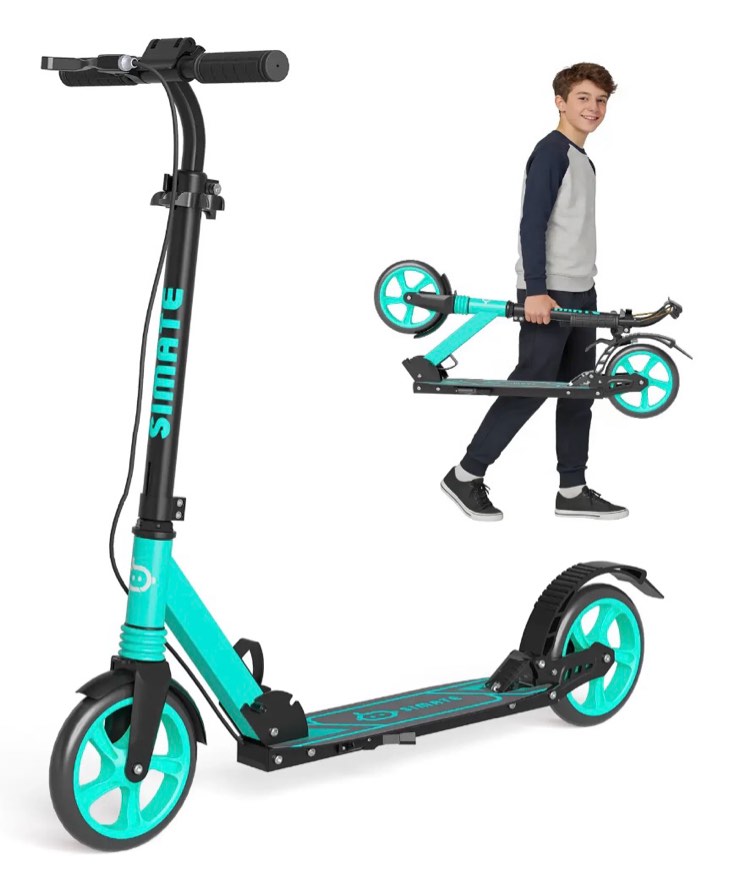 simate kick scooter with dual brakes for teens,adults & kids ages 6+,dual suspension foldable lightweight scooter with wide deck,8 in big wheels,max load 240 lbs