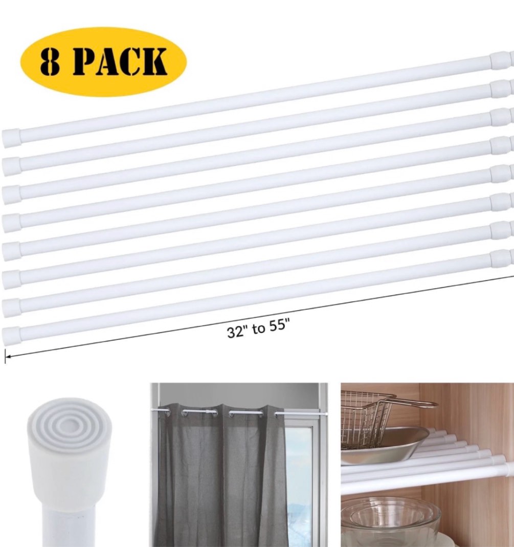 beamnova 32 -55 adjustable tension curtain rod 5/8 diameter spring tension rods for windows cabinet wardrobe closet shower curtains white (8 pack)