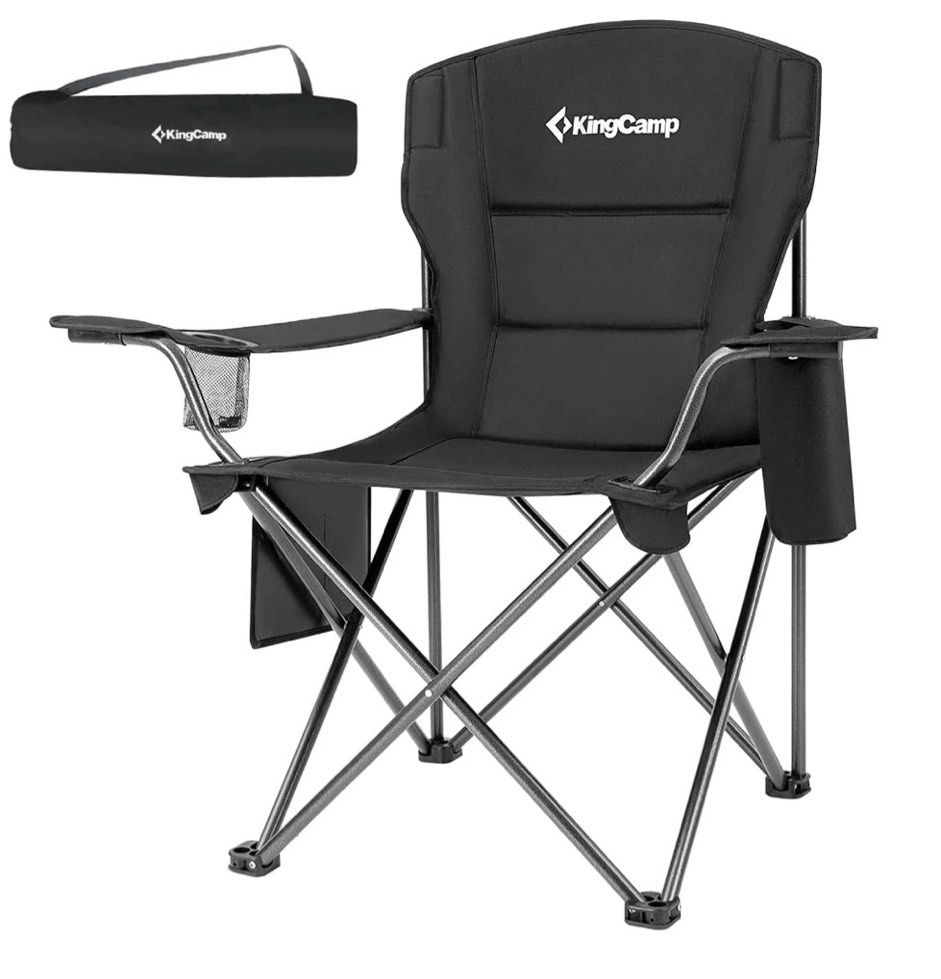 kingcamp oversized camping chairs, folding outdoor chair for adults, heavy duty padded folding lawn chair, support 300 lbs for adults black
