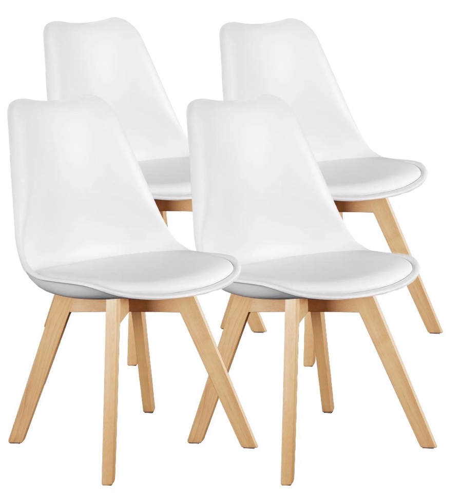 concetta set of 4 dining chairs with padded seats & wooden legs for kitchen or living room, white
