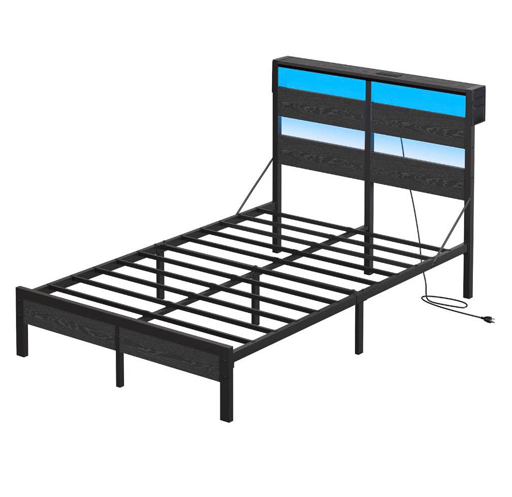 bestier full size platform bed frame with storage headboard, led lights & usb charging station, metal bed frame black