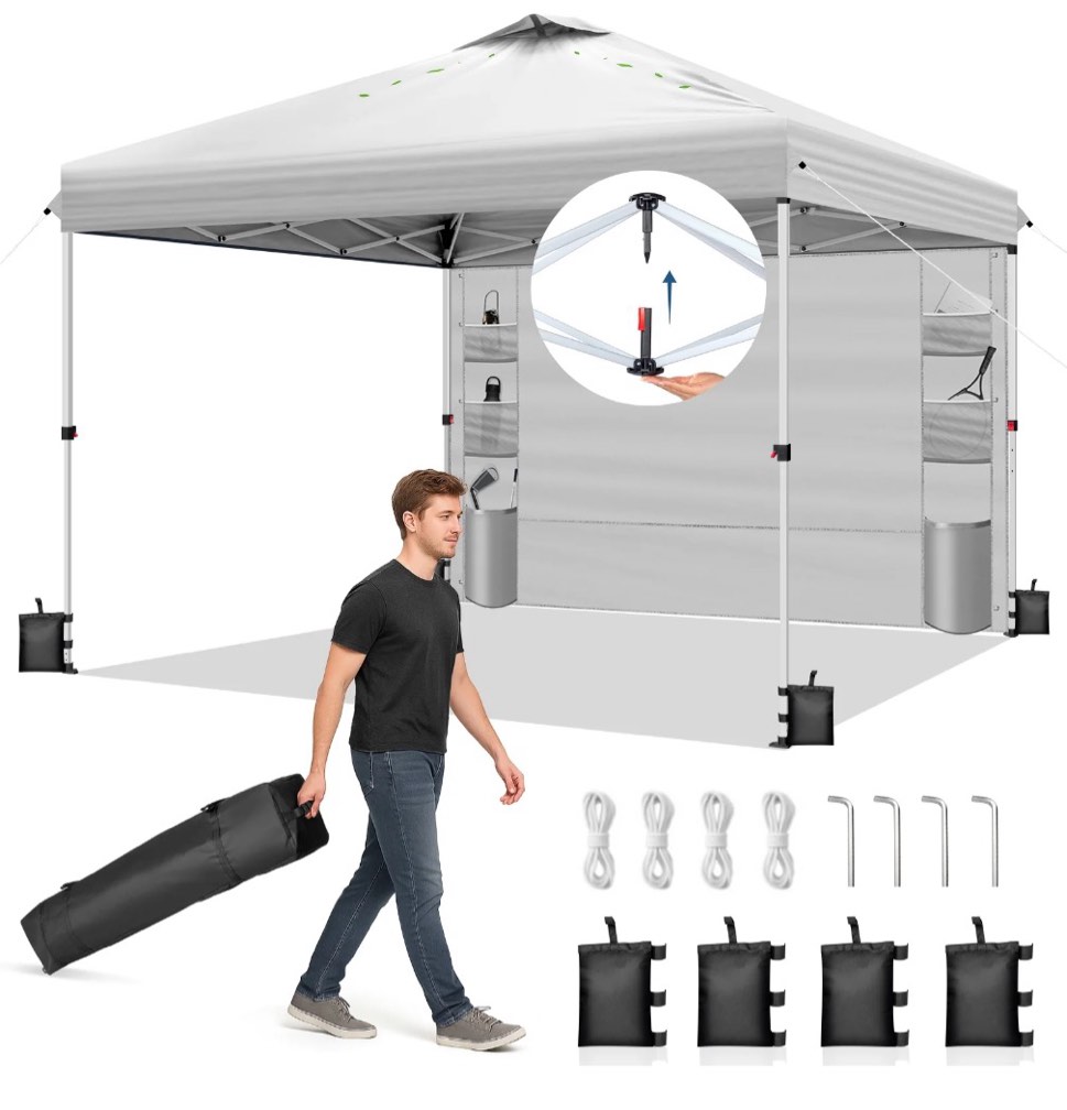 ktaxon 10x10 ez pop up canopy tent outdoor sun shade shelter outdoor gazebo one push setup with pockets sidewall 1 roller bag 4 sandbags upf50+ - white