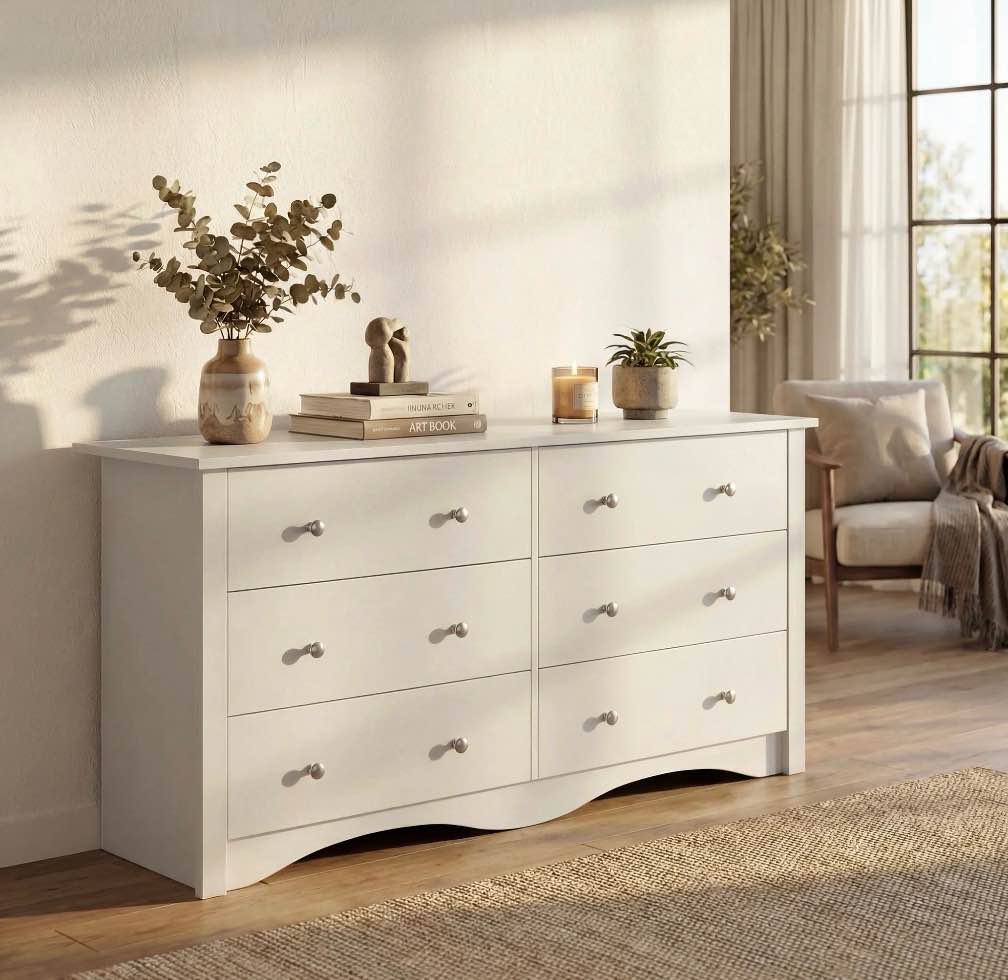 homall 6 drawer double dresser, modern chest of drawers, wood storage cabinet for bedroom & living room, white