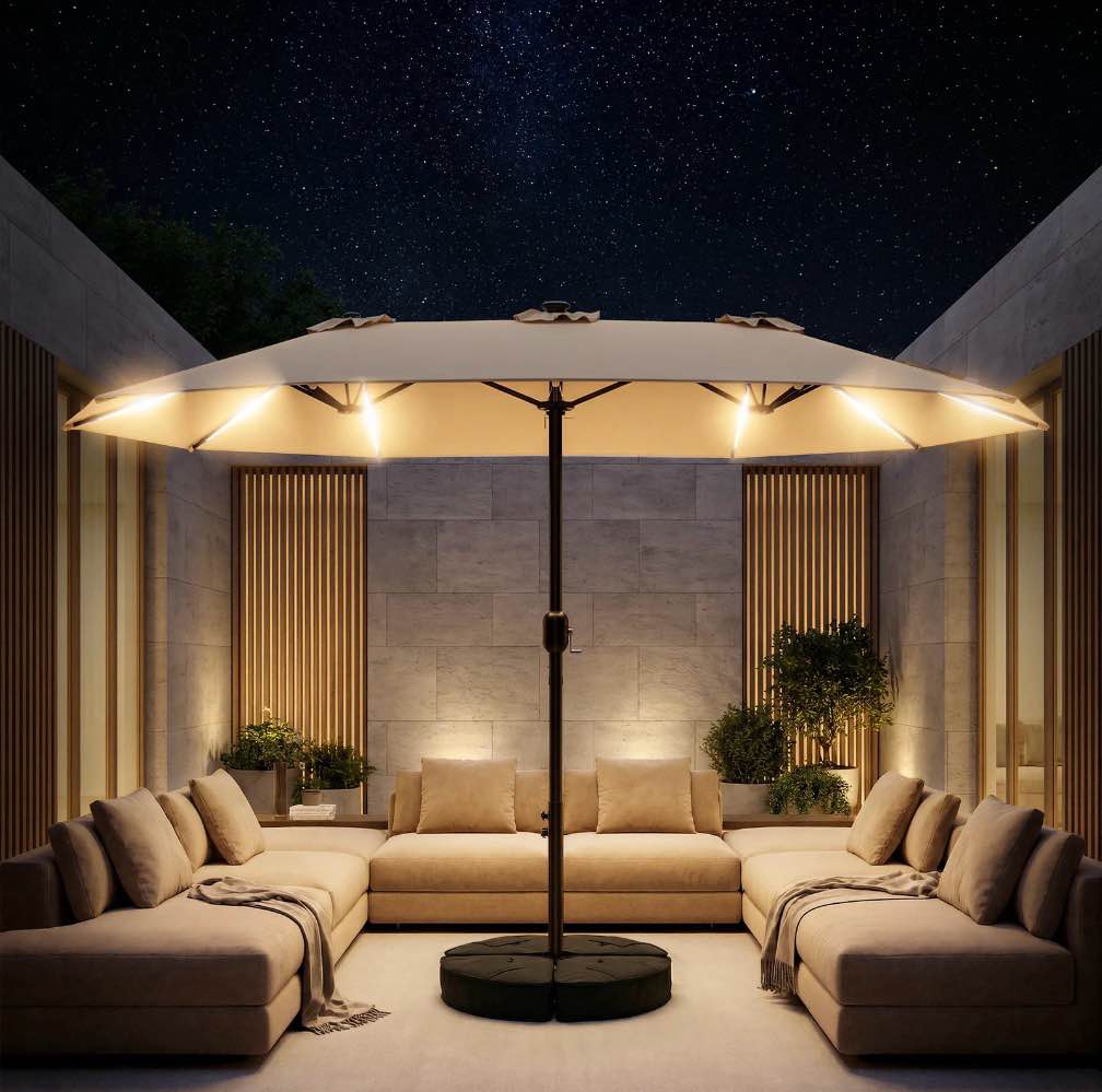 taskbay 15ft patio umbrella with solar led lights, double-sided rectangle outdoor umbrella with base included, large backyard & garden umbrella, beige