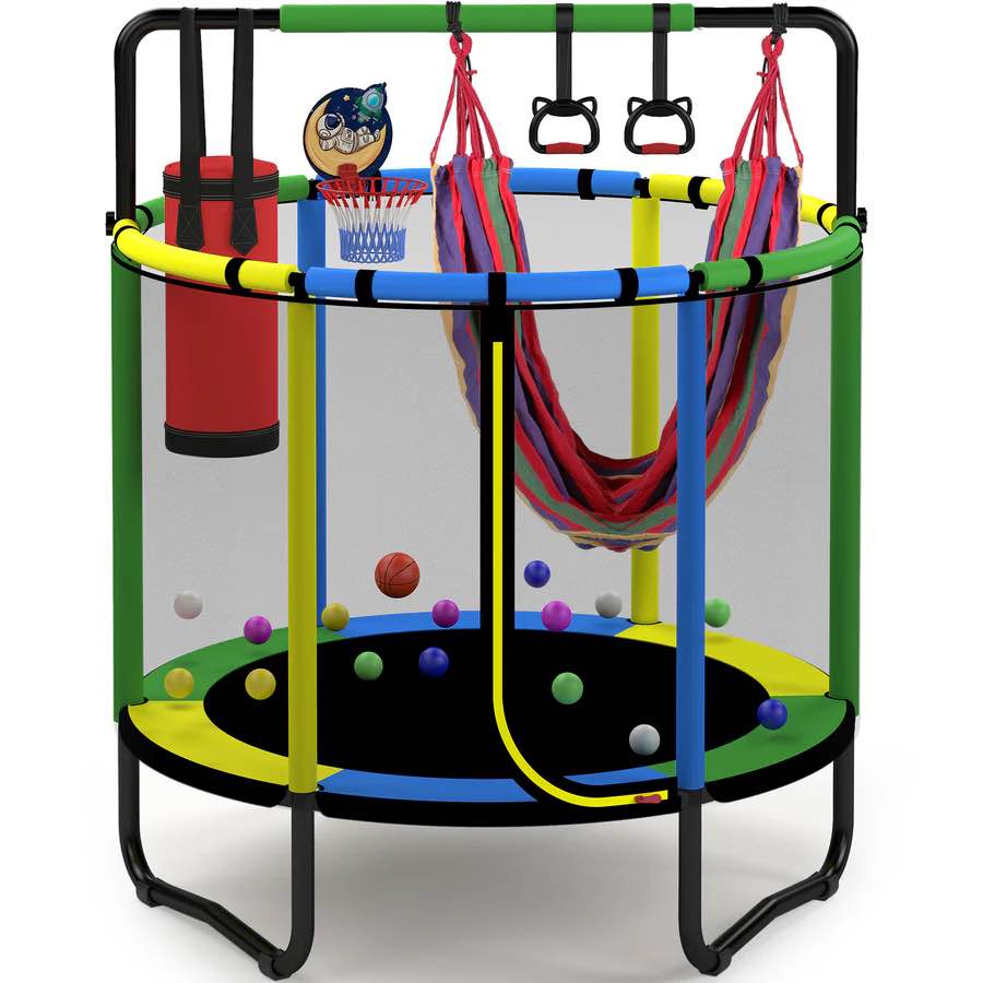 mini round trampoline for kids with basketball hoop  segmart 55   indoor outdoor toddler trampoline with enclosure net  swing  sandbag  ring  ocean balls  small trampoline gift for boys girls  green
