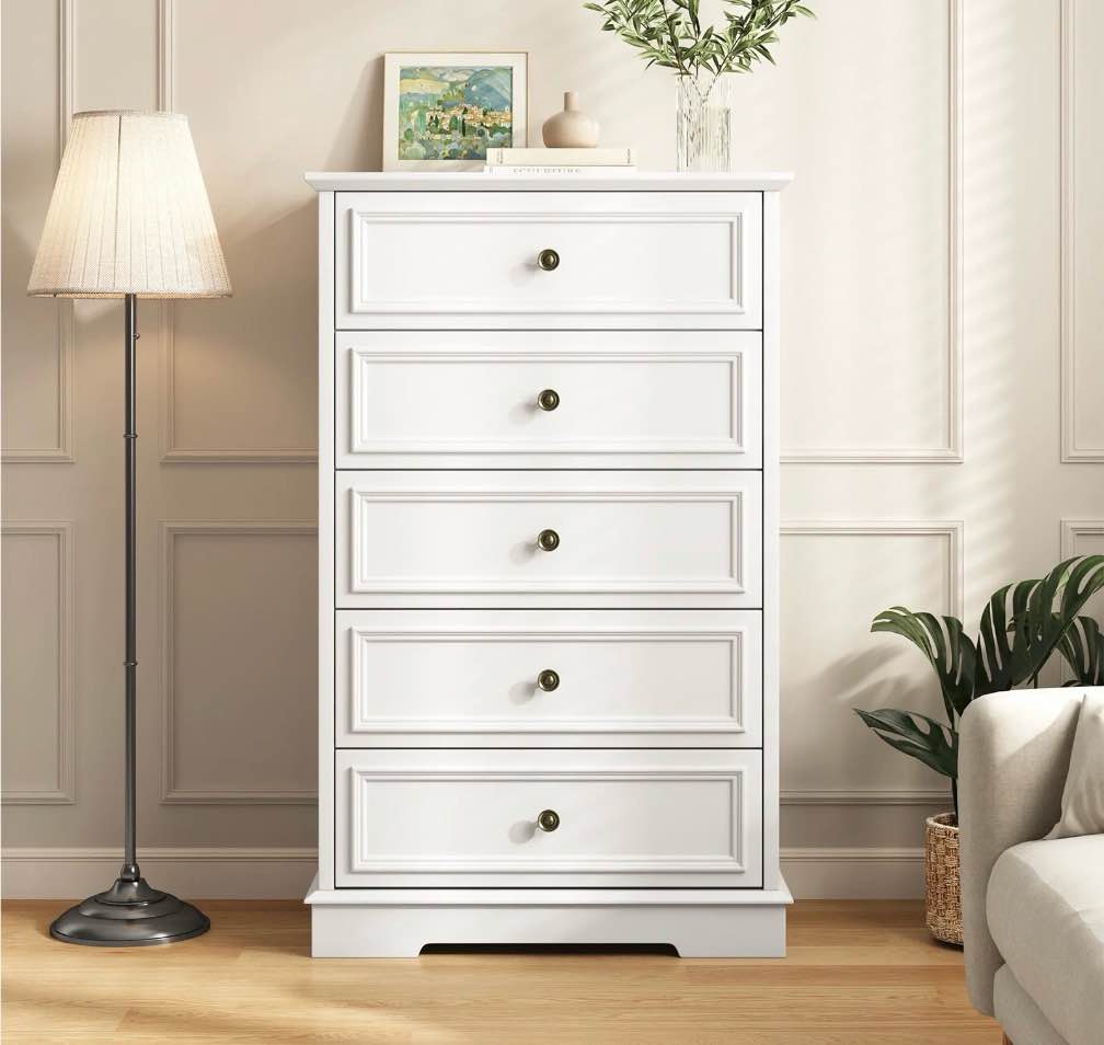 5 drawer dresser for bedroom, retro wood storage cabinet with antique bronze round handles, vintage chest of drawers with solid base for living room, hallway, entryway, guest room, white