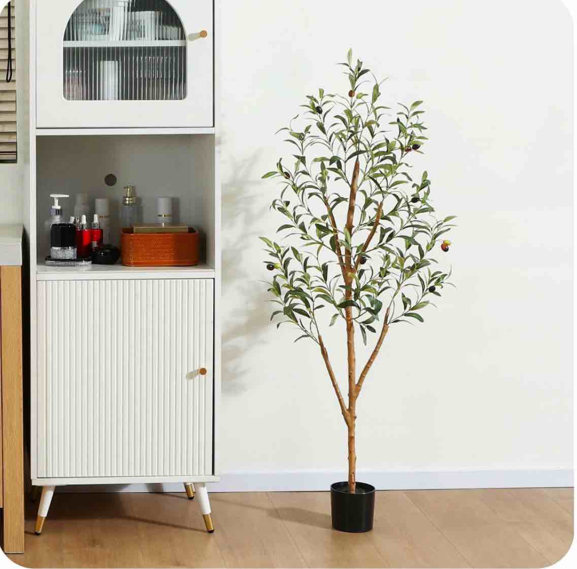4 ft artificial olive plants with realistic leaves and natural trunk, silk fake olive tree in black plastic pot, faux olive tree for office home