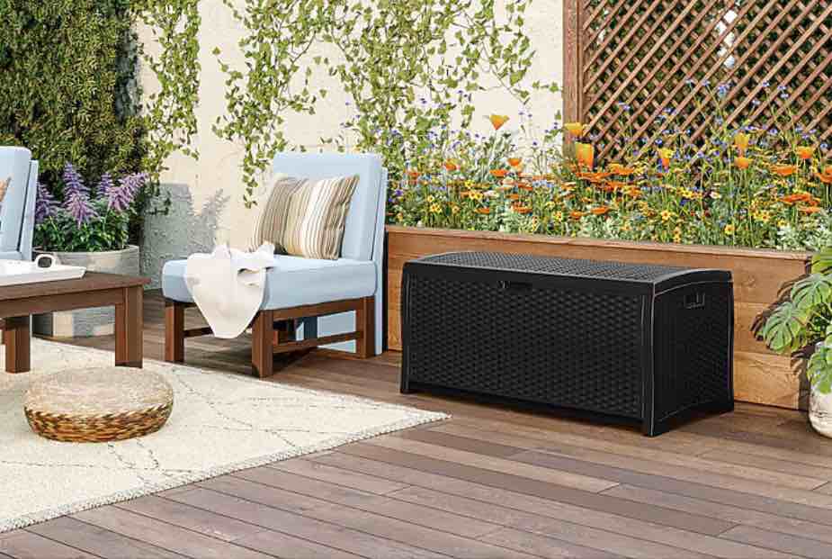suncast outdoor storage 73-gallon black plastic deck box
