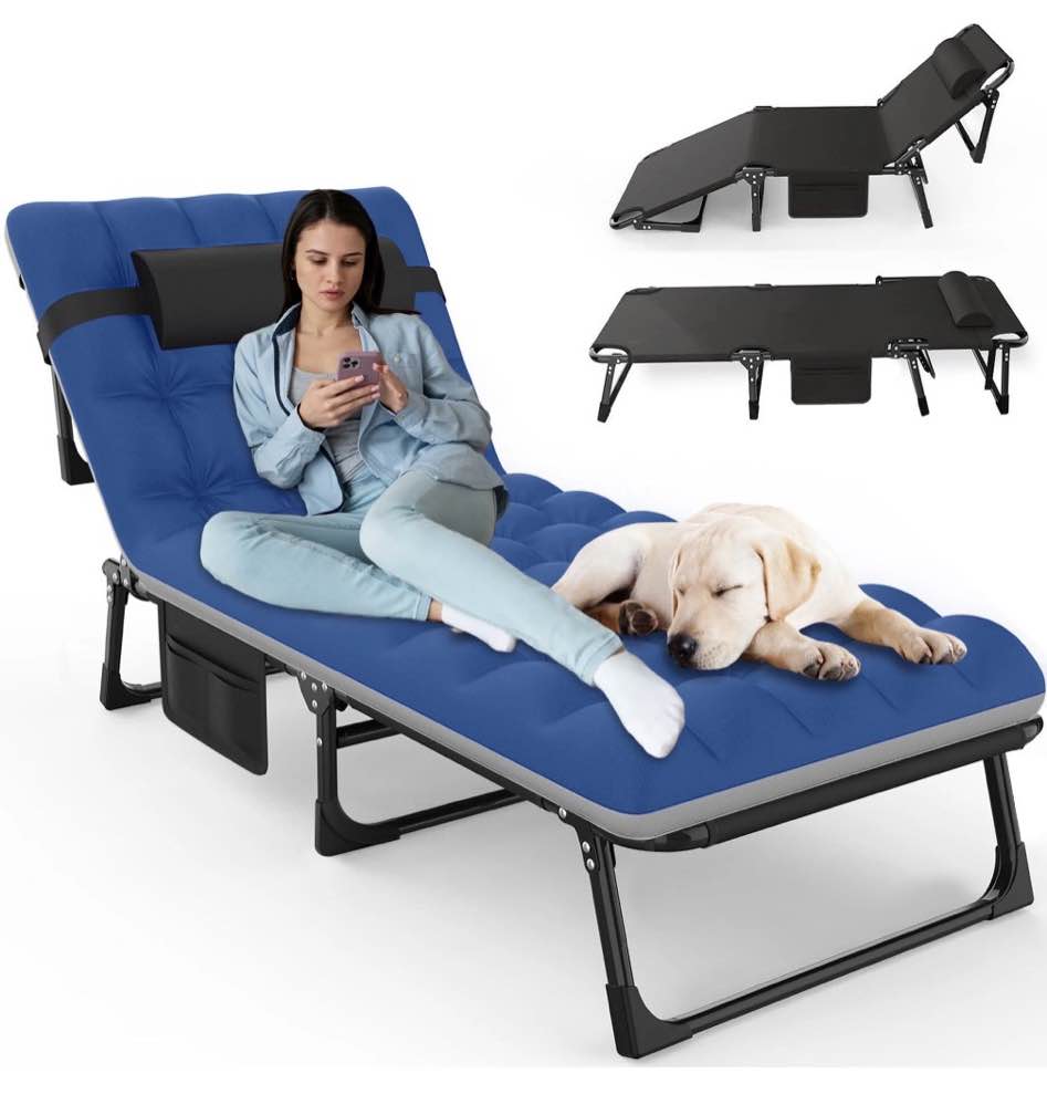 gvdv portable folding camping cot with mattress, multi-position adjustable chaise lounge, 29 in wide, heavy-duty steel frame, fold-flat design, 17148318755
