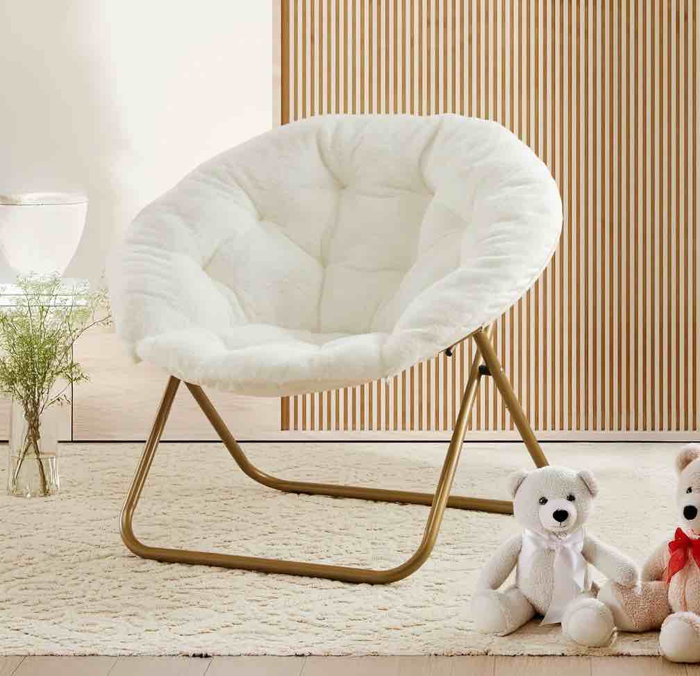 concetta folding saucer chair, round x-large faux fur comfy for lounge, bedroom, adults, white