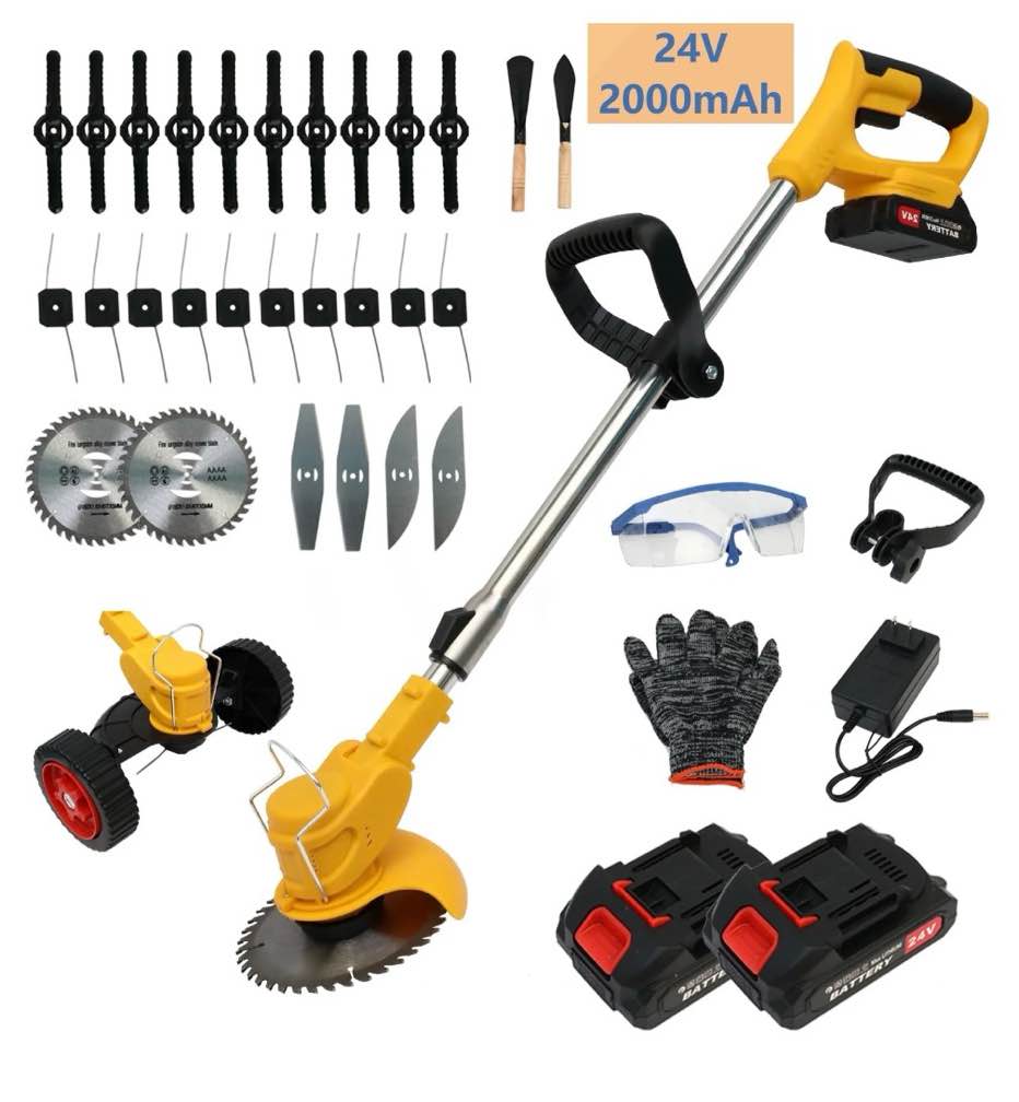 650w weed trimmer cordless  24v 2000mah battery operated weed eater electric grass trimmer with wheels  3 in 1 battery powered weed wacker with 3 types blades for yard garden  yellow