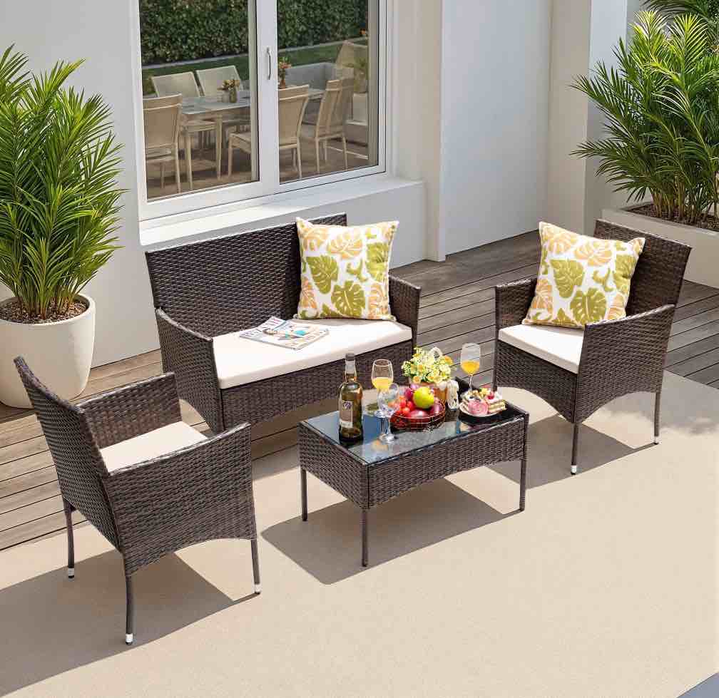 lacoo 4 pieces patio furniture set outdoor conversation wicker rattan chairs seating with cushion and glass table weather-resistant for garden backyard porch brown