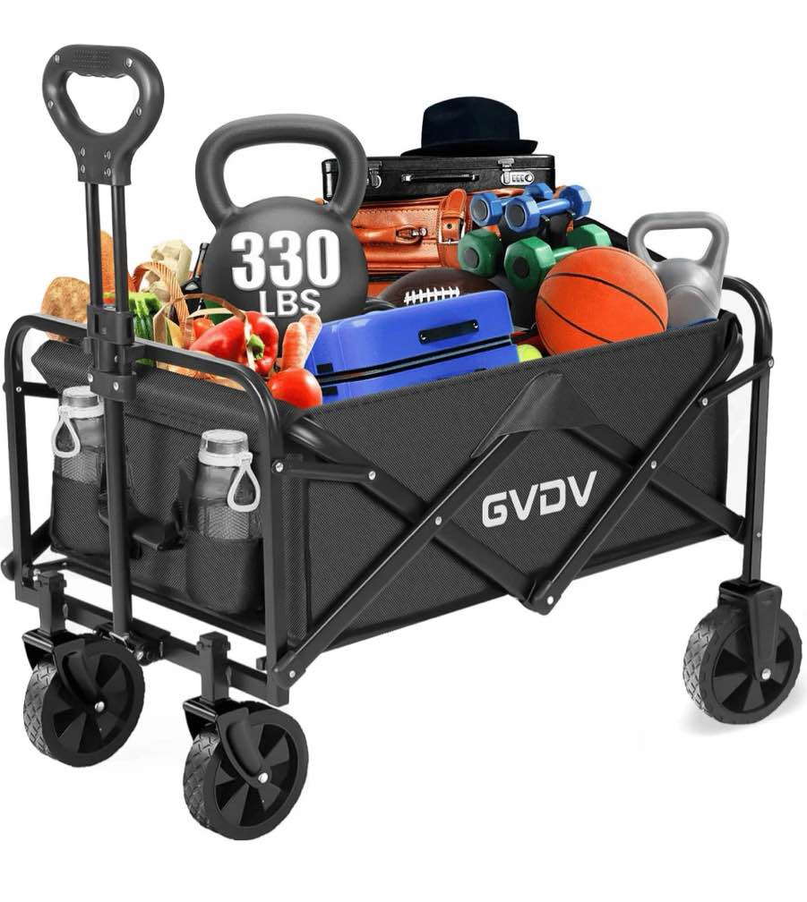 gvdv collapsible wagon cart, portable utility wagon for camping, beach, picnic, shopping, black