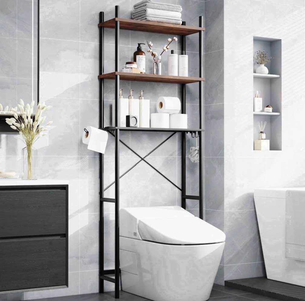 capri 3-shelf over the toilet storage, freestanding metal bathroom organizers and storage shelf with toilet paper holder, rustic brown