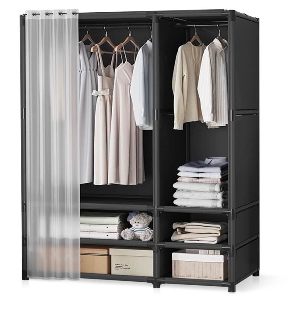 portable closet brochao large portable wardrobe with 2 hanging aera & 4 storage shelves sturdy clothes storage cabinet with curtain for living room clothes room black