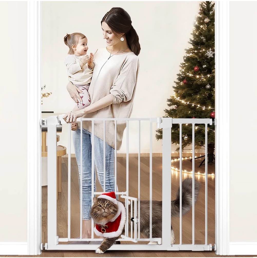 kingso extra tall 30" wide 29.5”- 40.5" auto close baby gate with swing door small pet door for cat dog doorway stairs, white