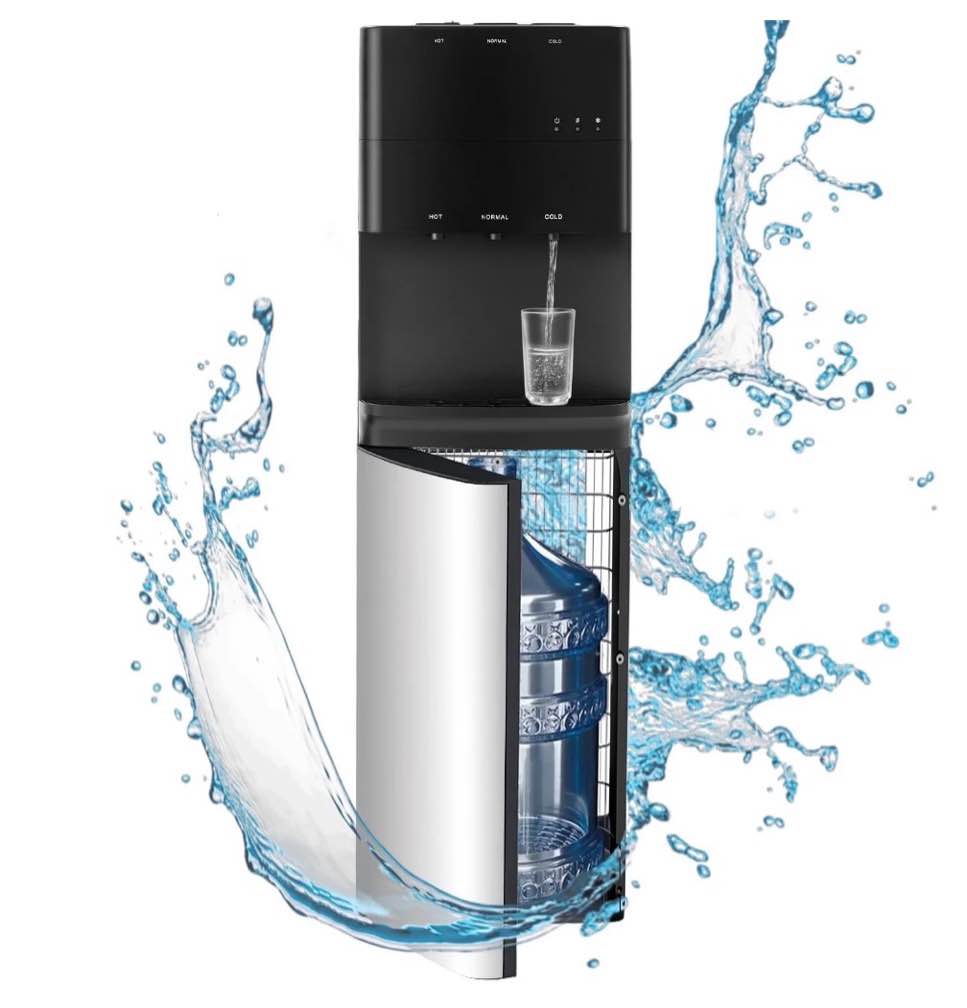 bottom loading water dispenser with compressor cooling  stainless steel body & aluminum motor  high dispensing area  safety lock