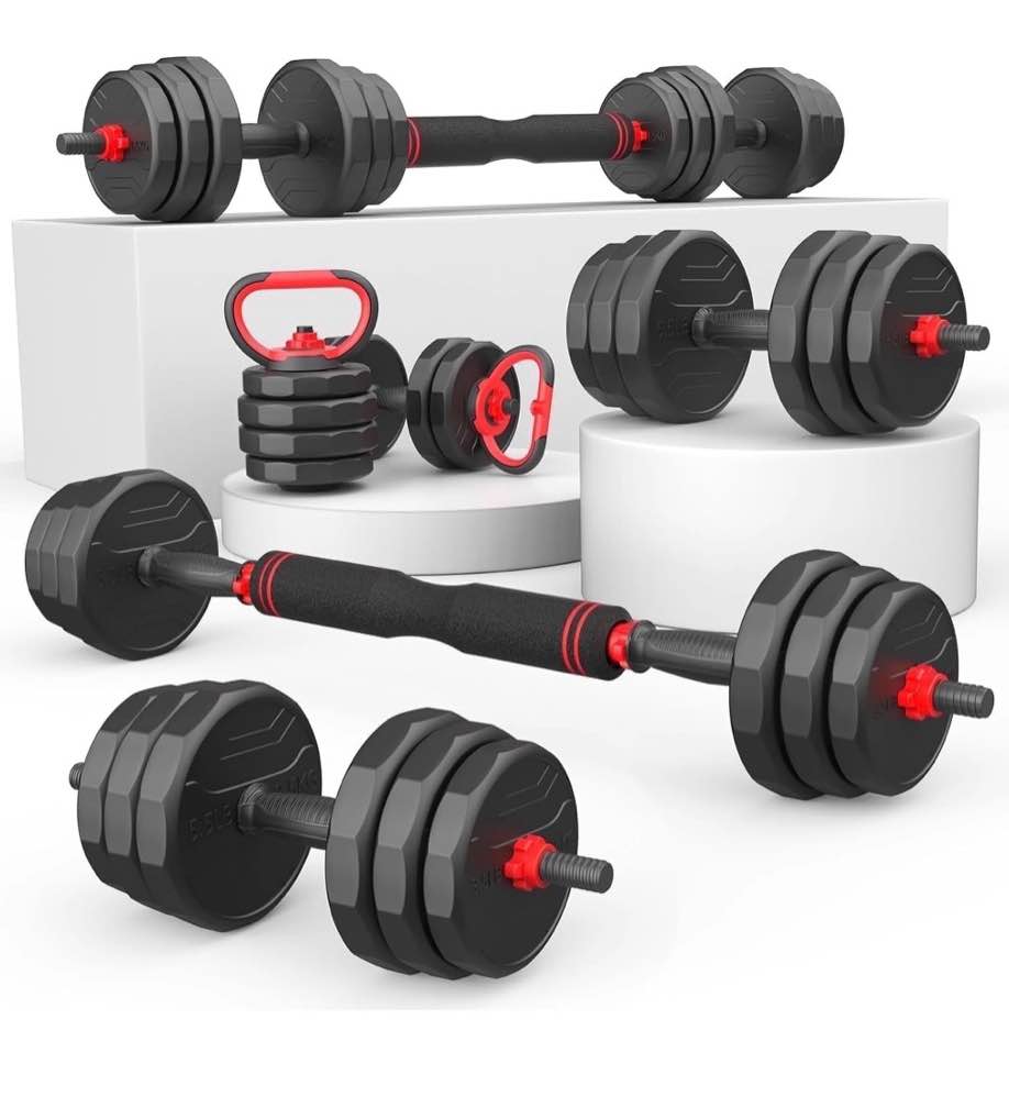 70lbs free weight set with connector, 5 in1 dumbbells set used as barbell, kettlebells, push up stand, fitness exercises for home gym suitable men/women