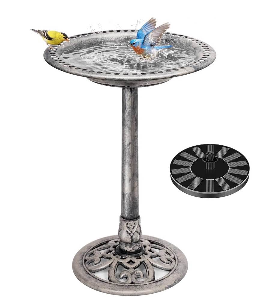 specstar bird bath polyresin antique outdoor gray garden birdbath and solar powered round pond fountain combo set