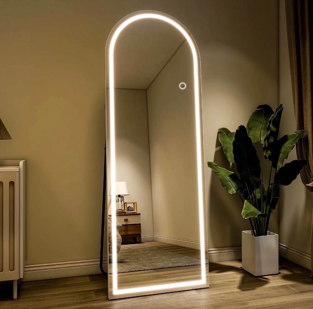 beautypeak 64" x 21" full length mirror arched with led light standing floor mirror,white 64" x 21"