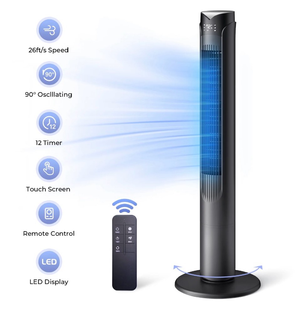 41 tower fan with remote 90° oscillating fans with 3 speeds 3 modes 26 ft/s high velocity led display 12h timer for home living room office