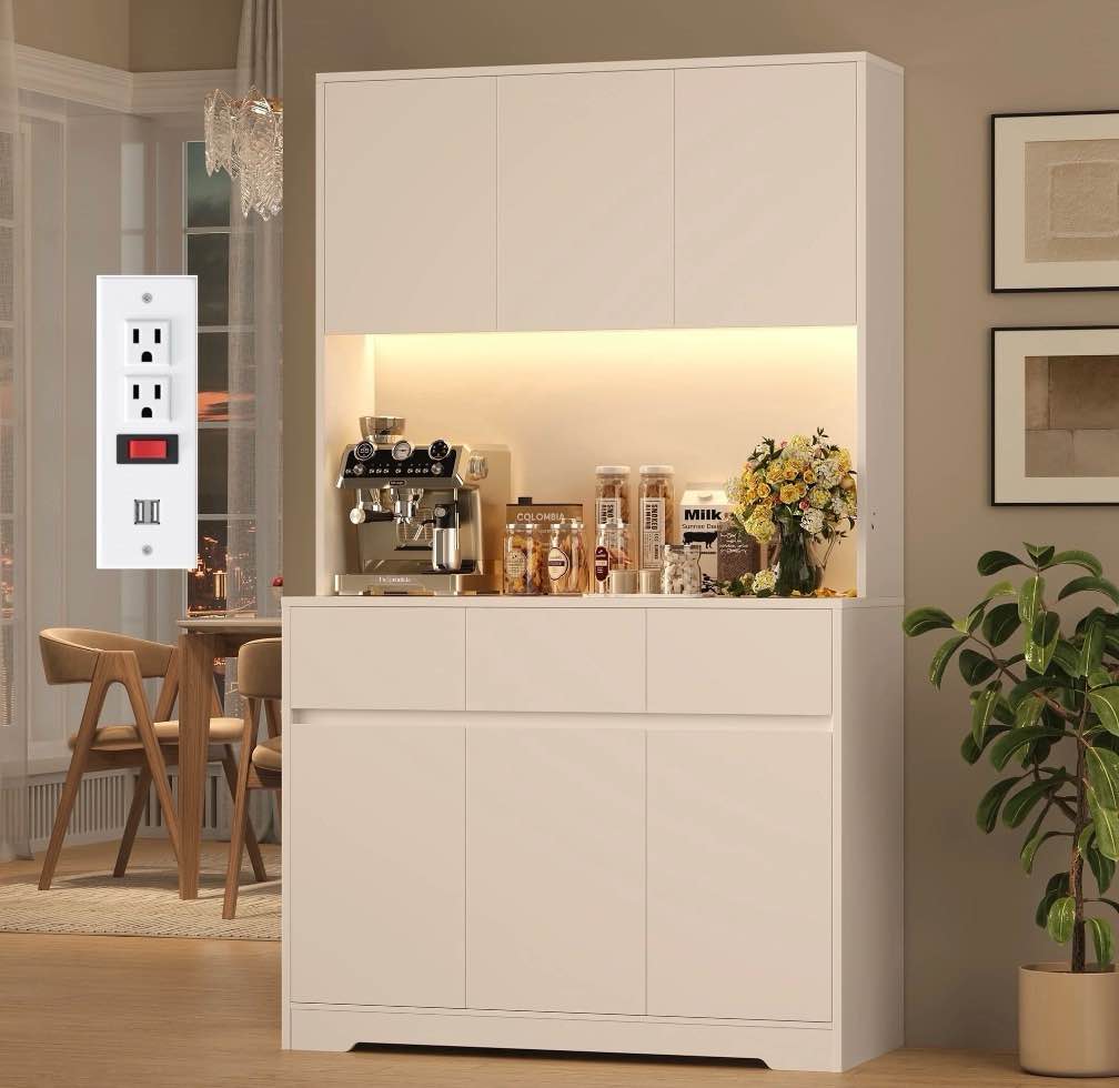 homfa 70.9'' tall kitchen pantry cabinet with charge station & led light, 3 drawer storage cabinet with adjustable shelves, white