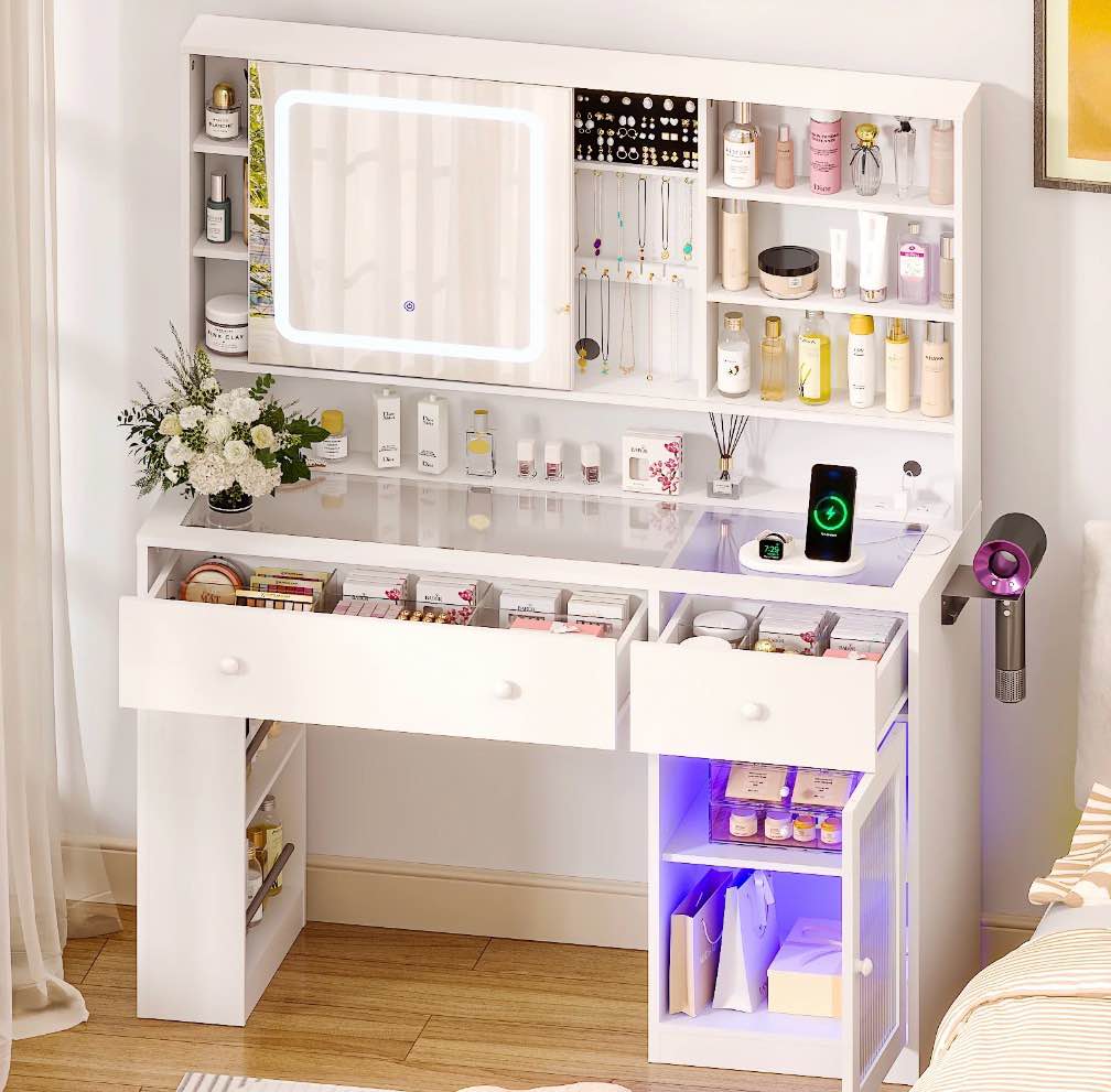 ktaxon makeup vanity with lighted mirror, vanity table set w/ charging station, side rack, white