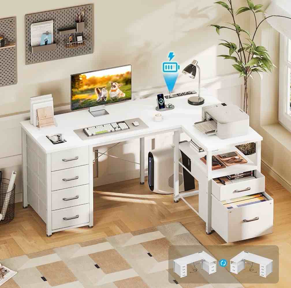 casacomoda 55 inch computer desk with 5 drawers and file cabinet for storage, office desk with storage shelf & power outlets, home office desks, white
