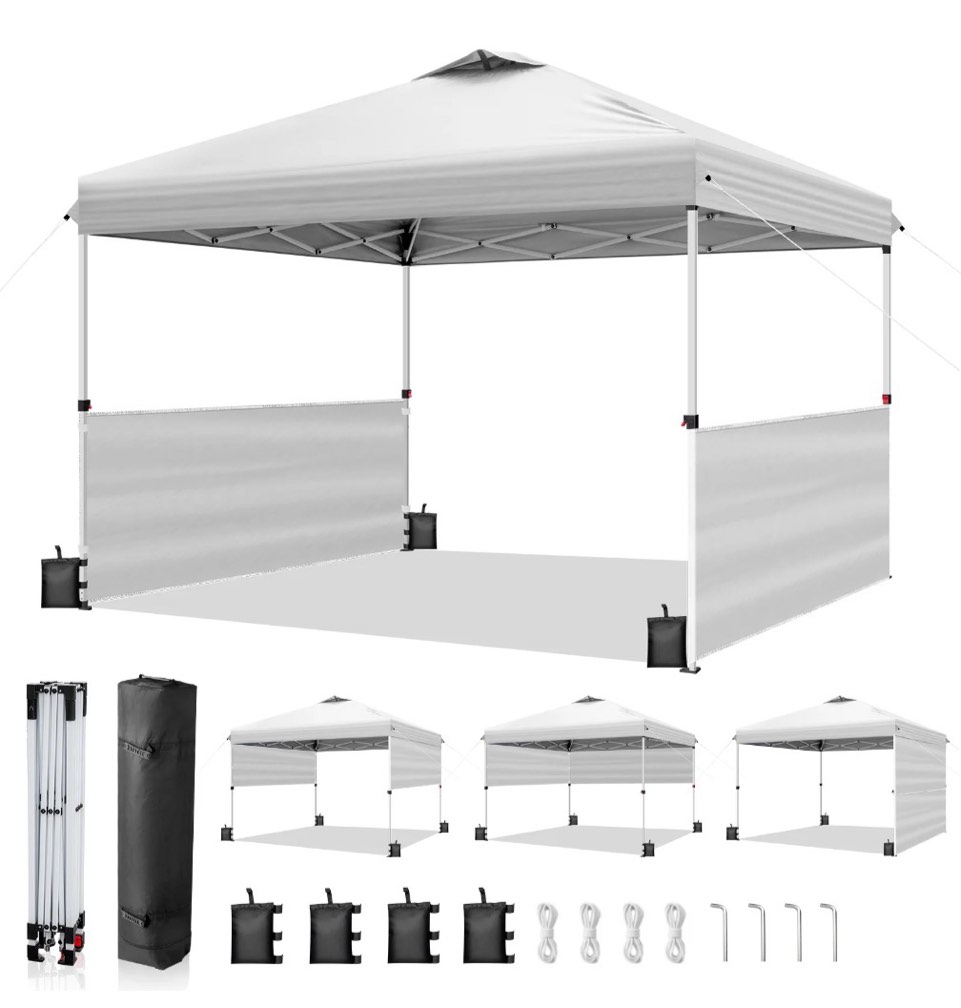 ktaxon 10x10 ez pop up canopy tent outdoor sun shade shelter outdoor gazebo one push setup with 2 half sidewalls 1 roller bag 4 sandbags upf50+ - white