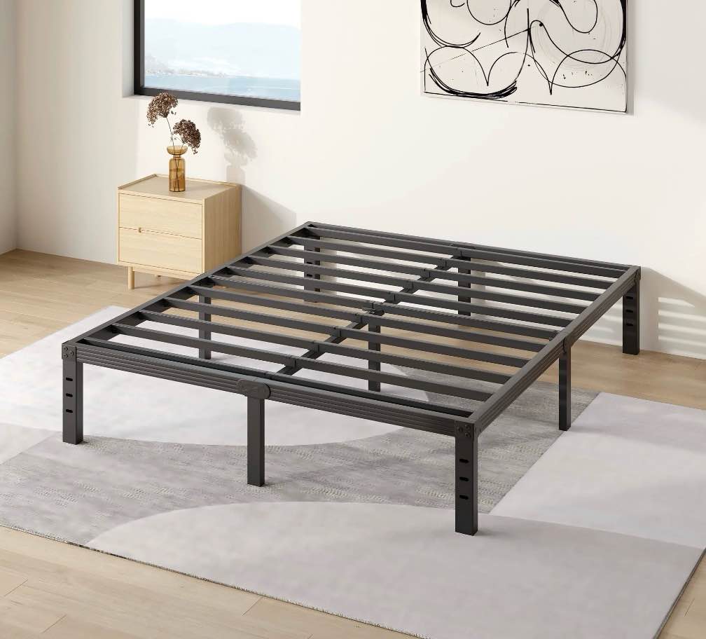 comasach 14 inch queen bed frame, easy assembly, no box spring needed, heavy duty metal platform queen size, noise free, black
