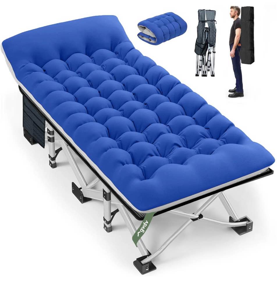 gvdv folding camping cot for adults with 2 sided mattress - 75" x 28" cot, 1200d oxford portable cot bed with carry bag for camp travel guest, blue