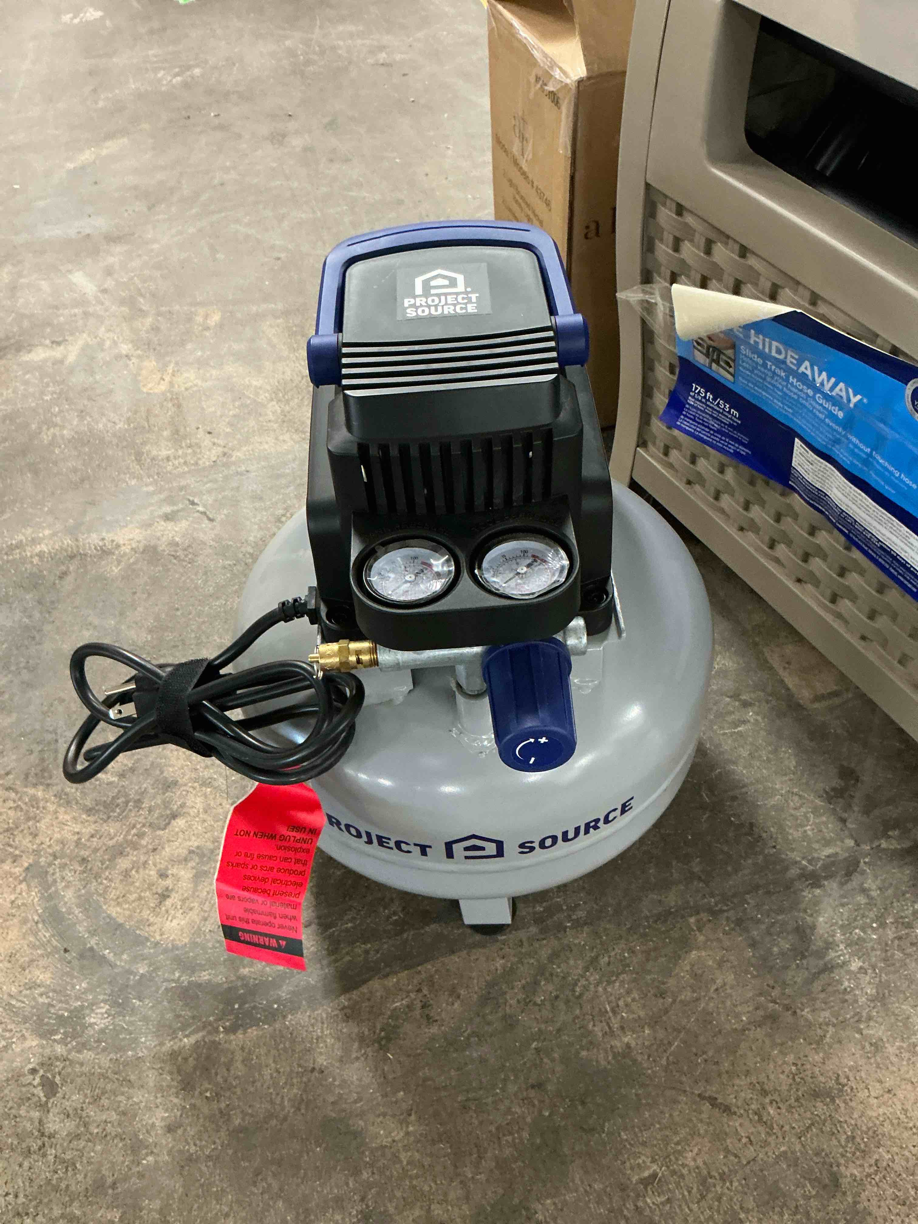 Condition photo showing New/Like New for project source 3-gallon portable electric 110 psi pancake air compressor