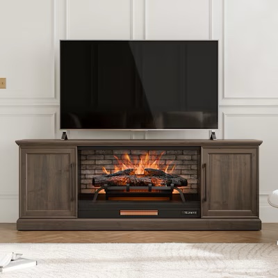 Condition photo showing Good Condition for allen + roth 72-in w brown walnut tv stand with infrared quartz flat wall electric fireplace with