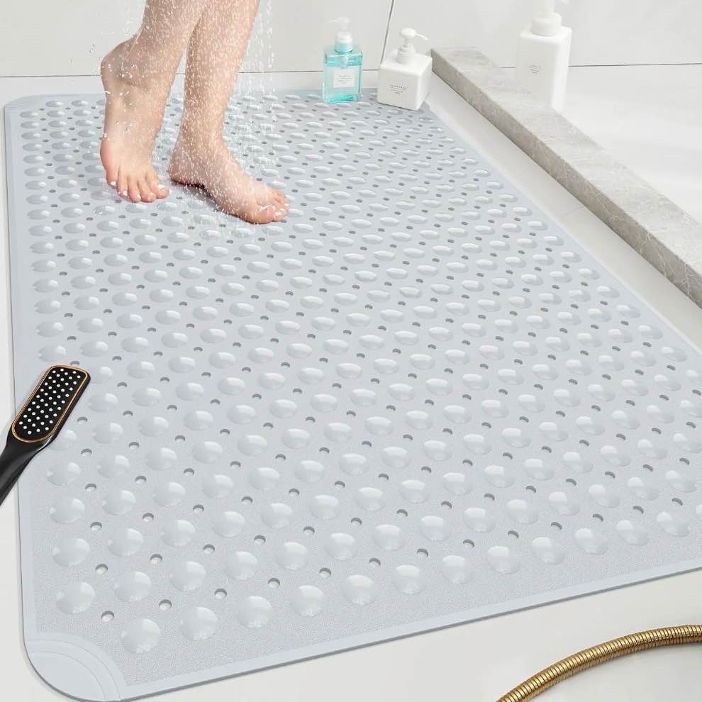 othway extra large shower mat 47x32, tpe non slip shower mat, inside shower mat with drain holes suction cups, walk in shower mat for shower stall, anti-slip for elderly kids (light gray)