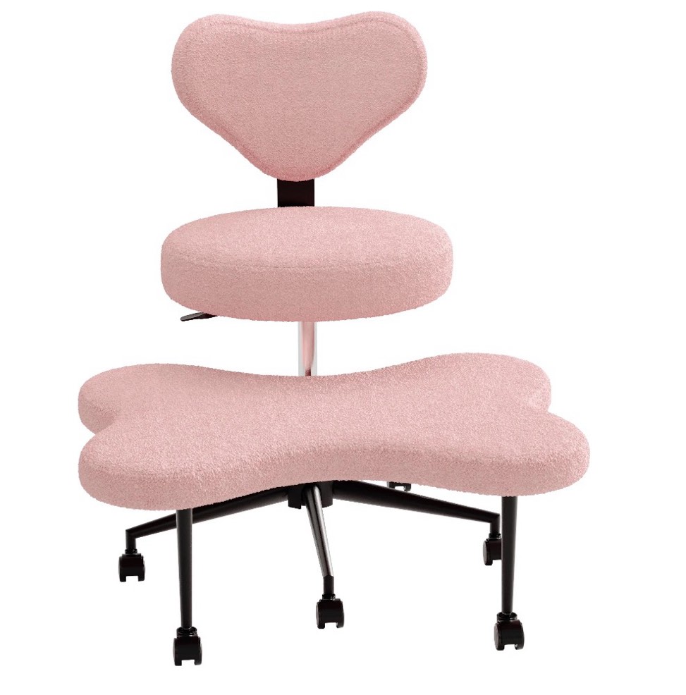 pinmoco cross legged office chair, pink teddy fabric cute ergonomic swivel vanity chair, heavy duty wide seat for bedroom & home office, armless