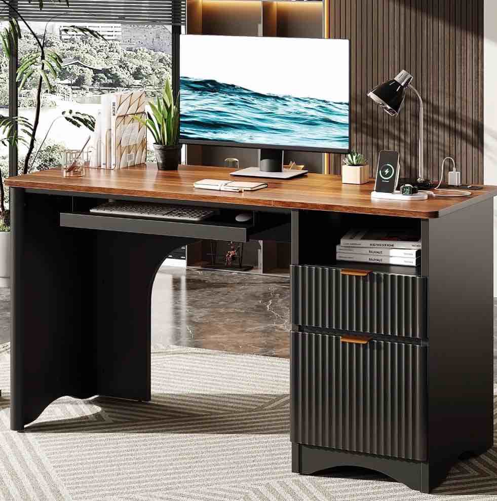 Condition photo showing Good Condition for bestier 55" home office desk with power outlet & keyboard tray built-in usb ports, file drawer, cable management modern computer desk for study, g