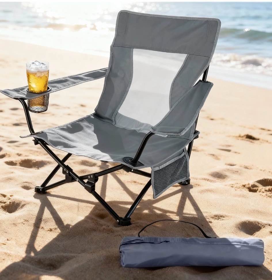 walchoice folding beach chair for adults, low seat camping chair with high back, wide seat chair with cup holder & carry bag, heavy duty portable chair for outdoor picnic travel - gray